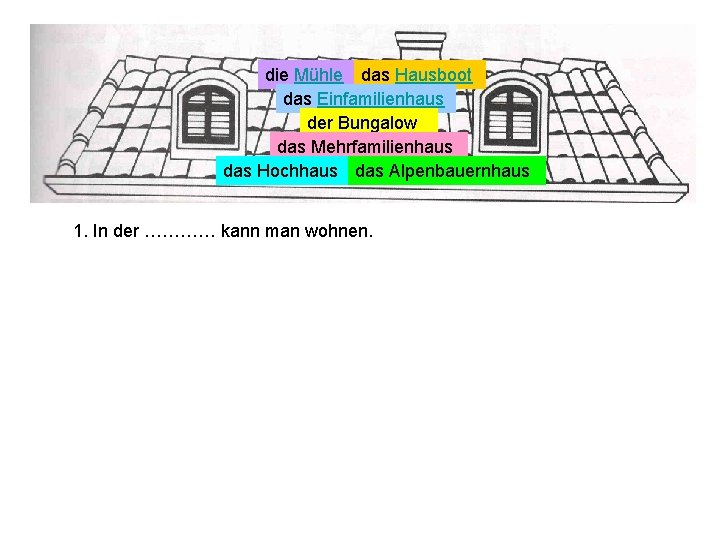 die Mühle das Hausboot das Einfamilienhaus der Bungalow das Mehrfamilienhaus das Hochhaus das Alpenbauernhaus