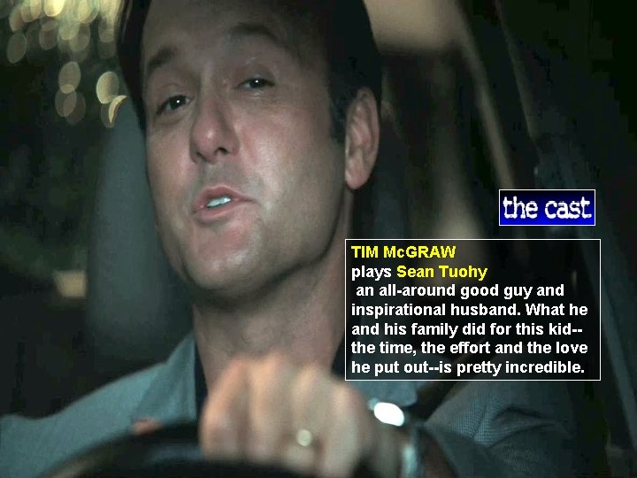 TIM Mc. GRAW plays Sean Tuohy an all-around good guy and inspirational husband. What