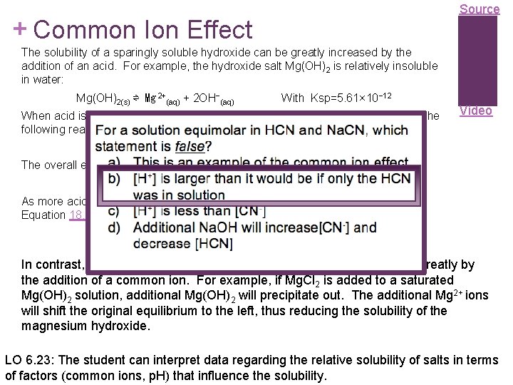 Source + Common Ion Effect The solubility of a sparingly soluble hydroxide can be