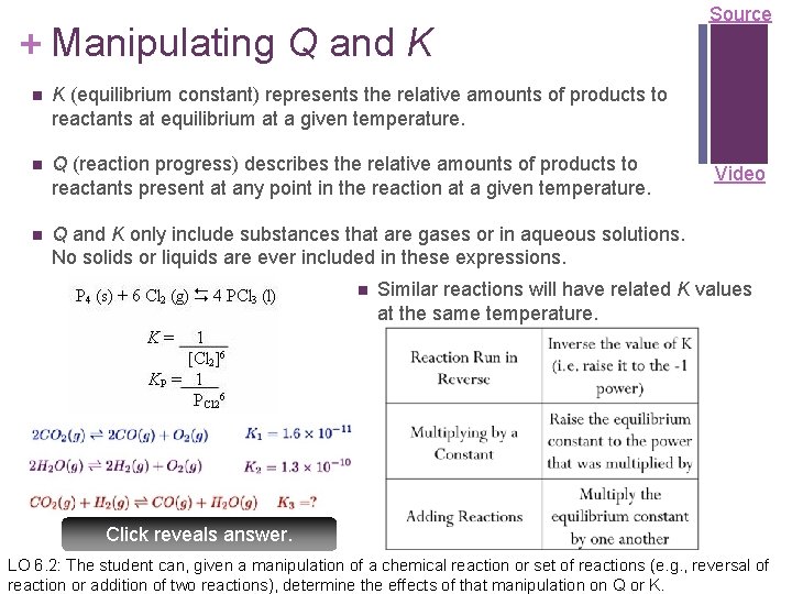 + Manipulating Q and K n K (equilibrium constant) represents the relative amounts of