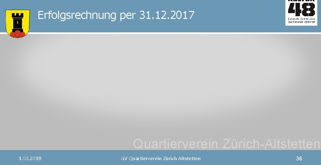 Erfolgsrechnung per 31. 12. 2017 Quartierverein Zürich-Altstetten 1. 03. 2018 GV Quartierverein Zürich Altstetten