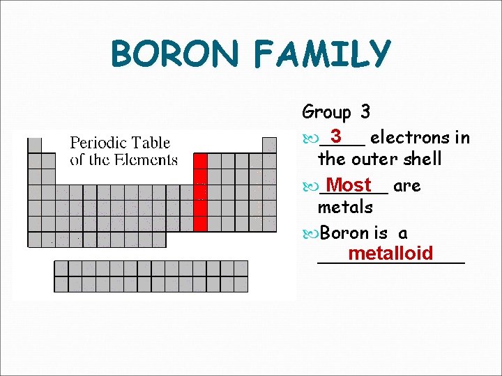 BORON FAMILY Group 3 3 electrons in ____ the outer shell Most are ______