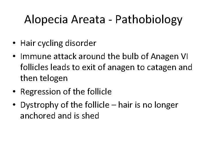 Alopecia Areata - Pathobiology • Hair cycling disorder • Immune attack around the bulb