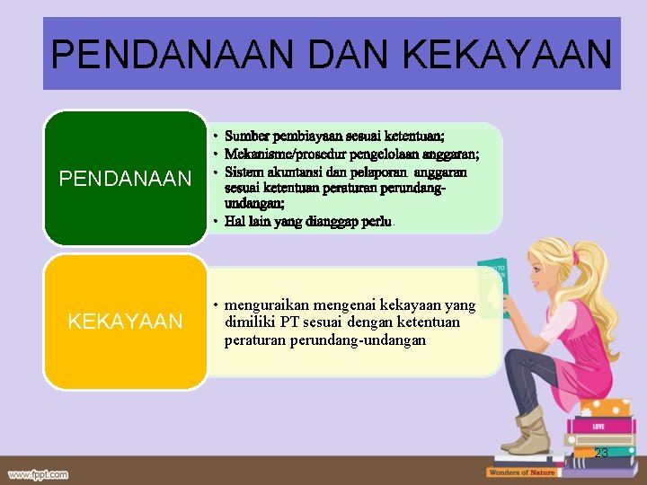 PENDANAAN DAN KEKAYAAN PENDANAAN • Sumber pembiayaan sesuai ketentuan; • Mekanisme/prosedur pengelolaan anggaran; •