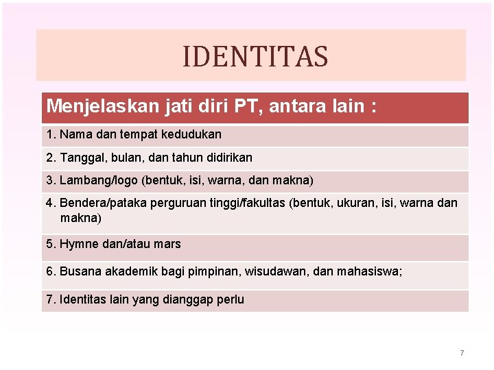 IDENTITAS Menjelaskan jati diri PT, antara lain : 1. Nama dan tempat kedudukan 2.