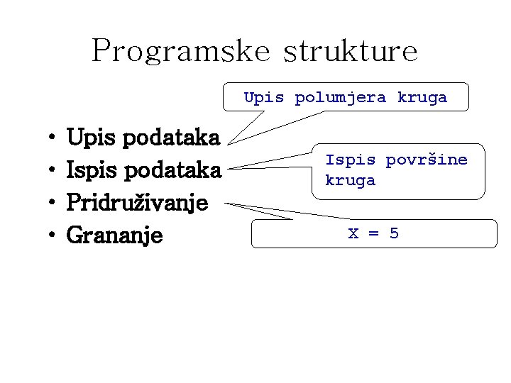 Programske strukture Upis polumjera kruga • • Upis podataka Ispis podataka Pridruživanje Grananje Ispis