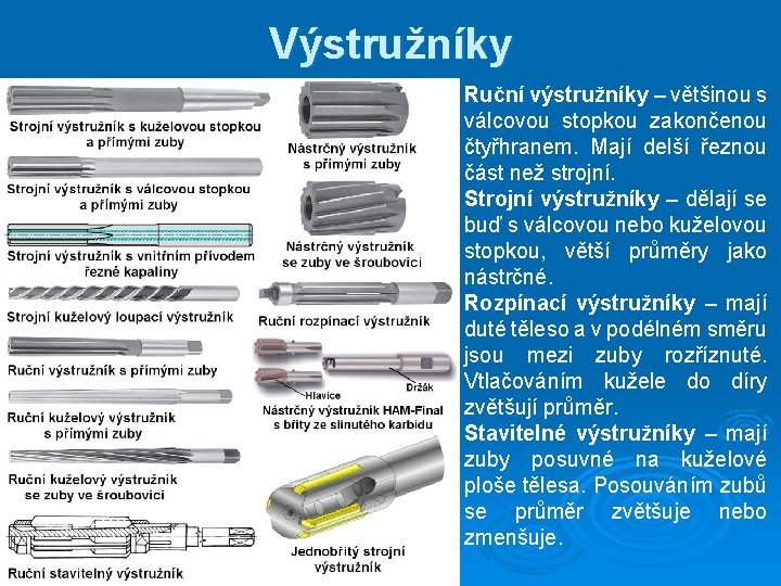 Výstružníky Ruční výstružníky – většinou s válcovou stopkou zakončenou čtyřhranem. Mají delší řeznou část