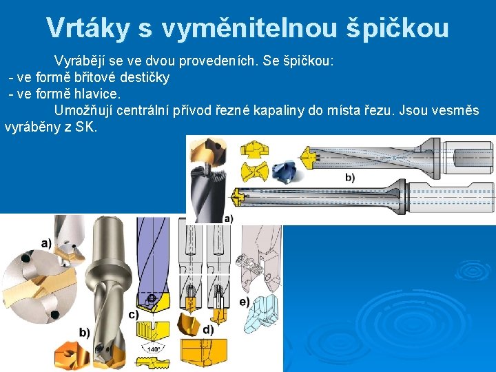 Vrtáky s vyměnitelnou špičkou Vyrábějí se ve dvou provedeních. Se špičkou: - ve formě