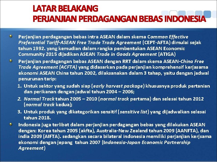 LATAR BELAKANG PERJANJIAN PERDAGANGAN BEBAS INDONESIA Perjanjian perdagangan bebas intra ASEAN dalam skema Common