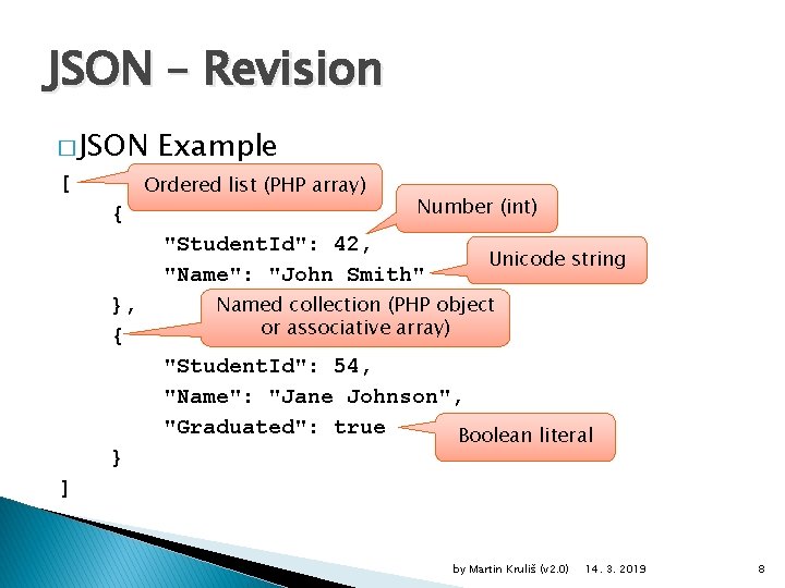 JSON – Revision � JSON Example Ordered list (PHP array) [ { Number (int)