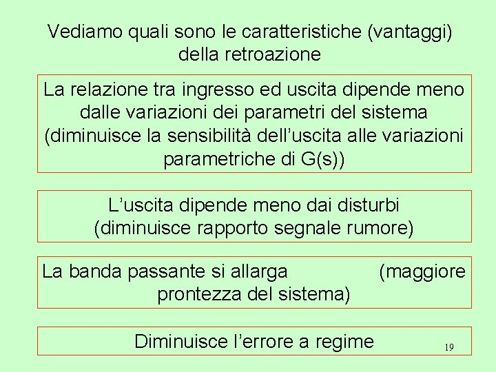 Vediamo quali sono le caratteristiche (vantaggi) della retroazione La relazione tra ingresso ed uscita