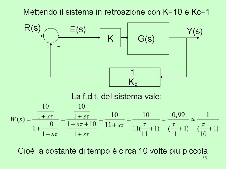 Mettendo il sistema in retroazione con K=10 e Kc=1 R(s) E(s) - K G(s)