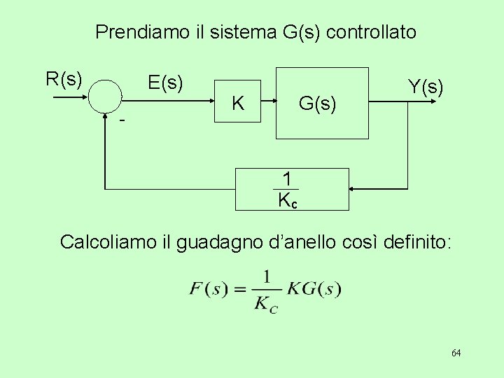 Prendiamo il sistema G(s) controllato R(s) E(s) - K G(s) Y(s) 1 Kc Calcoliamo