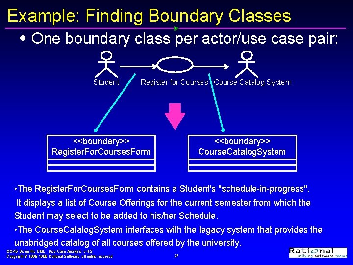 Example: Finding Boundary Classes w One boundary class per actor/use case pair: Student Register