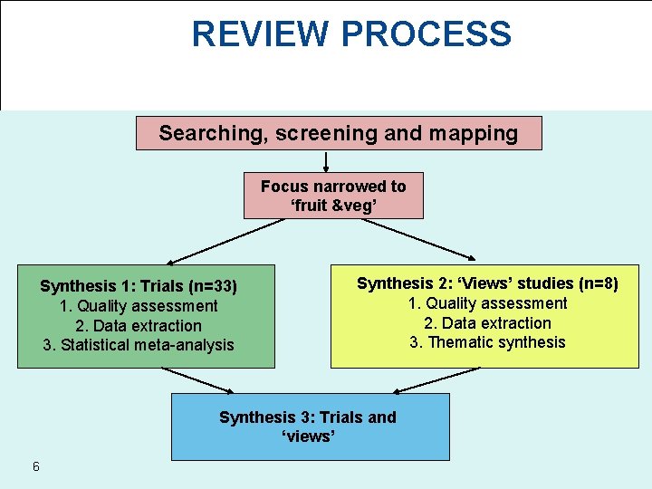 REVIEW PROCESS Searching, screening and mapping Focus narrowed to ‘fruit &veg’ Synthesis 1: Trials