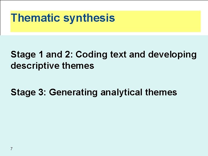 Thematic synthesis Stage 1 and 2: Coding text and developing descriptive themes Stage 3: