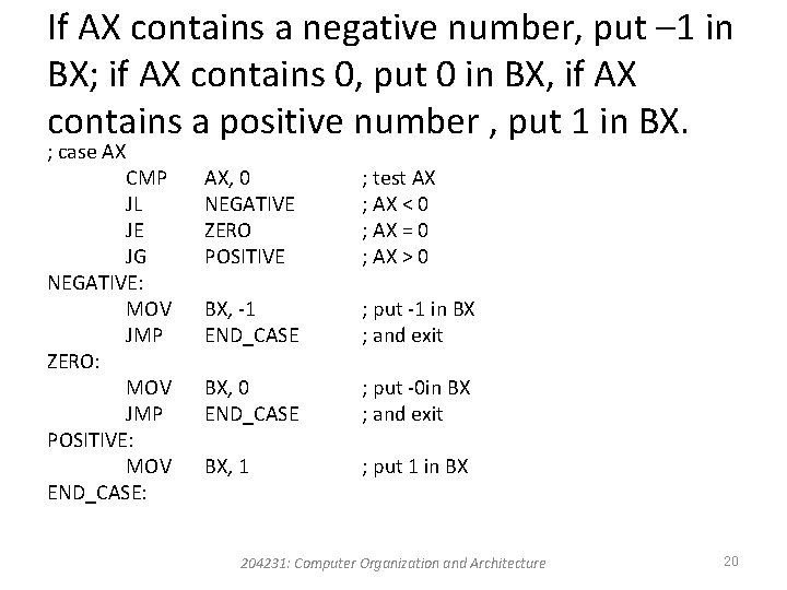 If AX contains a negative number, put – 1 in BX; if AX contains