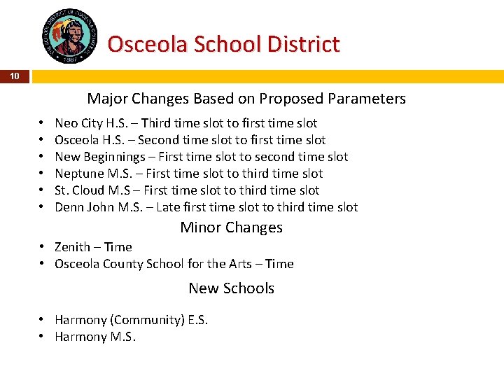 Osceola School District 10 Major Changes Based on Proposed Parameters • • • Neo