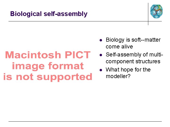 Biological self-assembly l l l Biology is soft--matter come alive Self-assembly of multicomponent structures