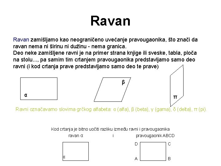 Ravan zamišljamo kao neograničeno uvećanje pravougaonika, što znači da ravan nema ni širinu ni