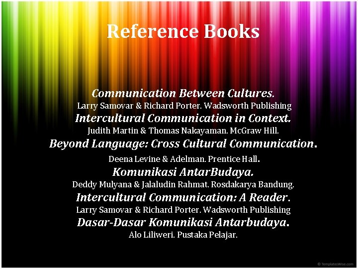 Reference Books Communication Between Cultures. Larry Samovar & Richard Porter. Wadsworth Publishing Intercultural Communication