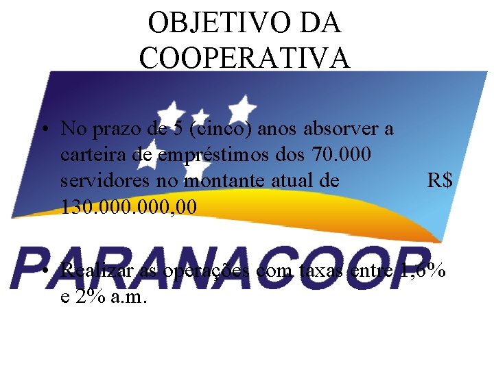 OBJETIVO DA COOPERATIVA • No prazo de 5 (cinco) anos absorver a carteira de