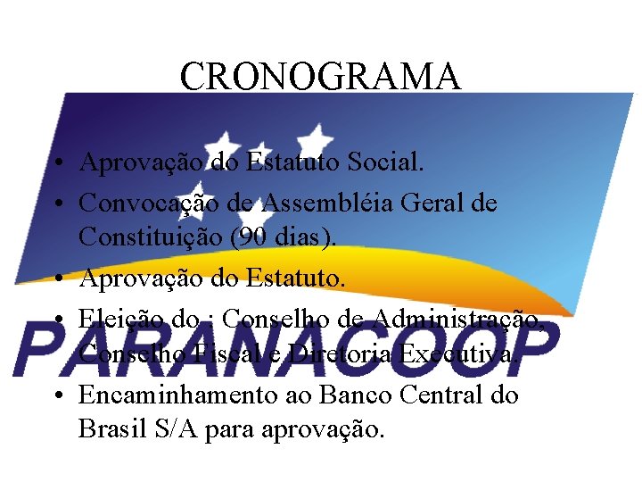 CRONOGRAMA • Aprovação do Estatuto Social. • Convocação de Assembléia Geral de Constituição (90