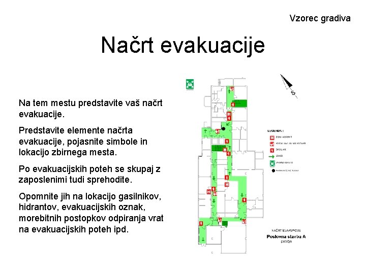 Vzorec gradiva Načrt evakuacije Na tem mestu predstavite vaš načrt evakuacije. Predstavite elemente načrta