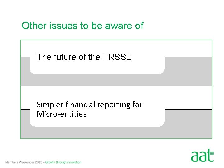 Other issues to be aware of The future of the FRSSE Simpler financial reporting