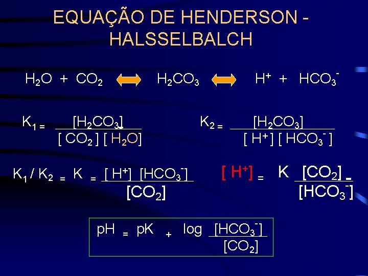EQUAÇÃO DE HENDERSON - HALSSELBALCH H 2 O + CO 2 H 2 CO