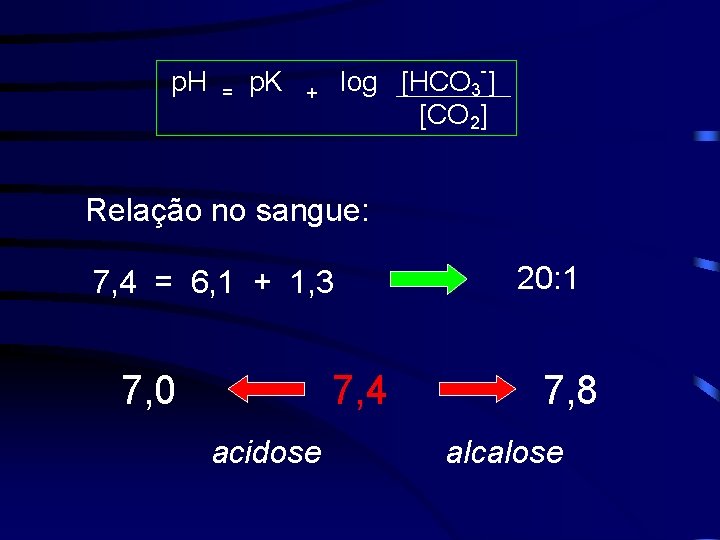  p. H = p. K + log [HCO 3 -] [CO 2] Relação