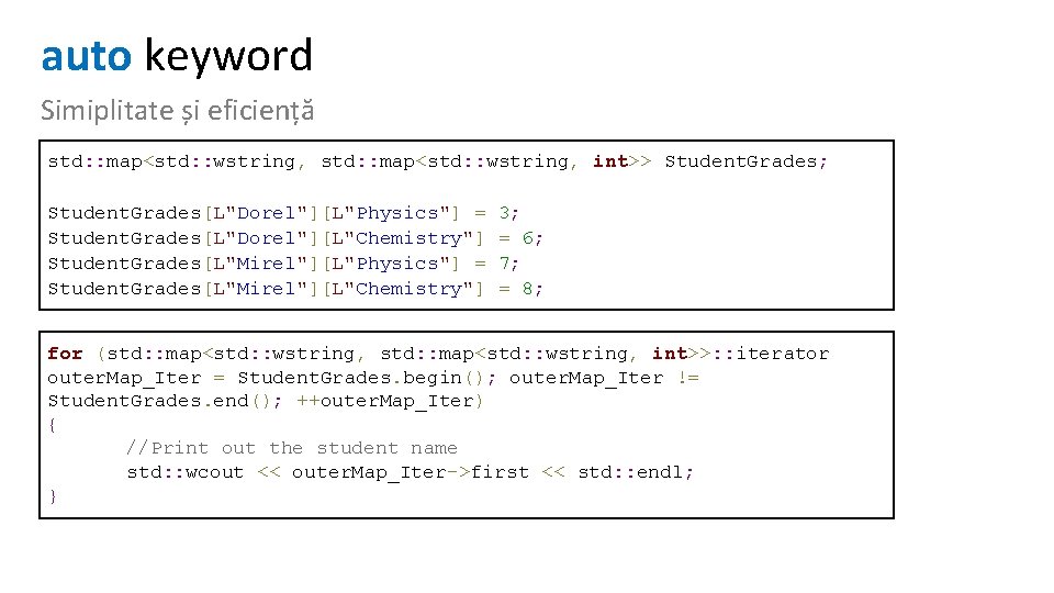 auto keyword Simiplitate și eficiență std: : map<std: : wstring, int>> Student. Grades; Student.