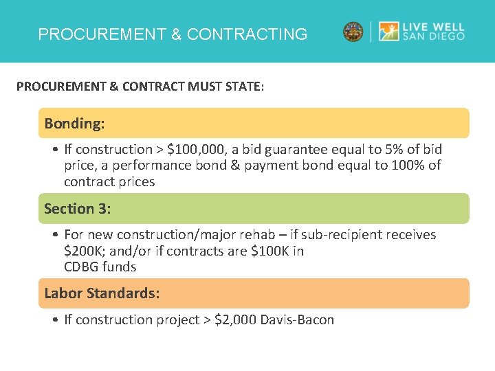 PROCUREMENT & CONTRACTING PROCUREMENT & CONTRACT MUST STATE: Bonding: • If construction > $100,