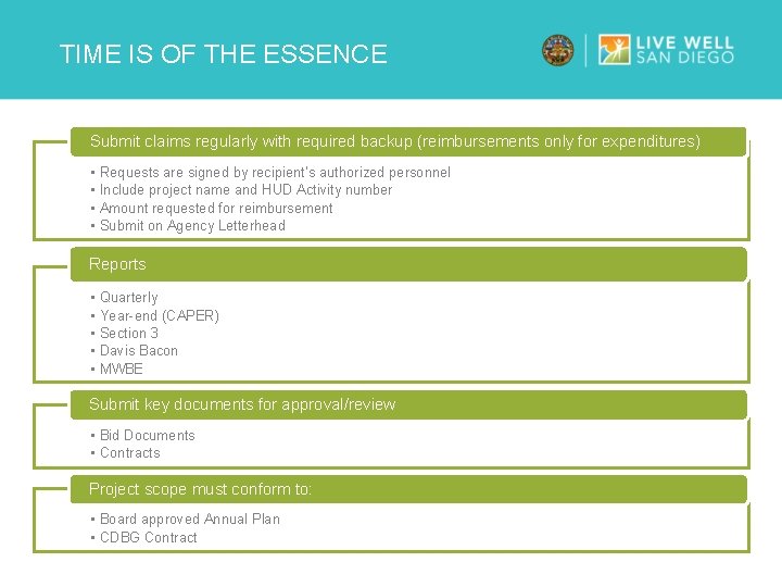 TIME IS OF THE ESSENCE Submit claims regularly with required backup (reimbursements only for