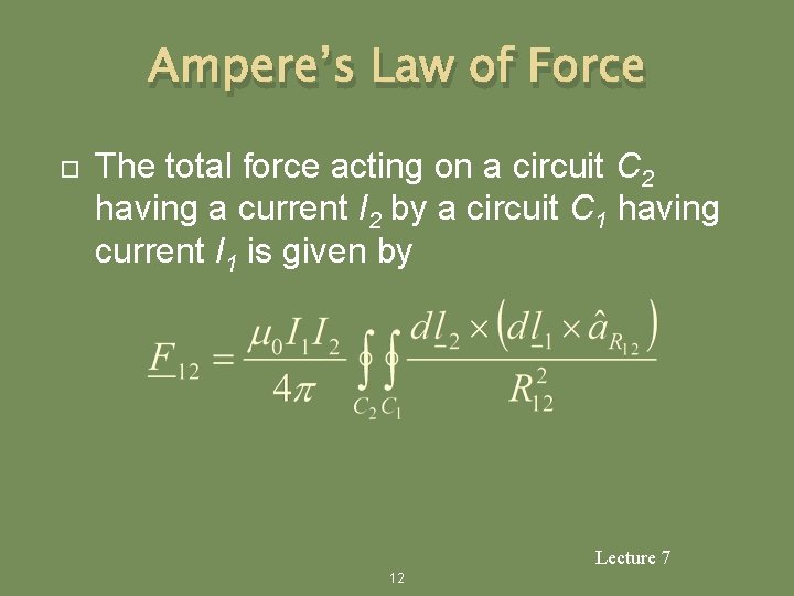 Ampere’s Law of Force The total force acting on a circuit C 2 having