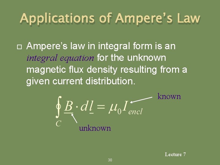 Applications of Ampere’s Law Ampere’s law in integral form is an integral equation for