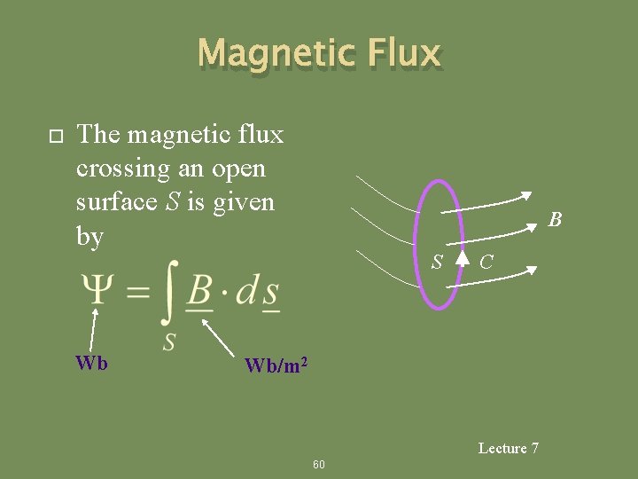 Magnetic Flux The magnetic flux crossing an open surface S is given by Wb