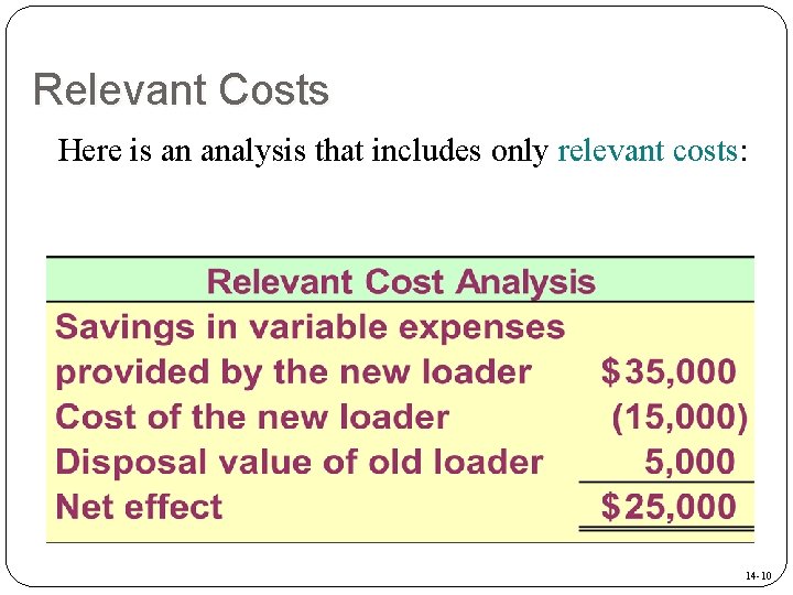 Relevant Costs Here is an analysis that includes only relevant costs: 14 -10 