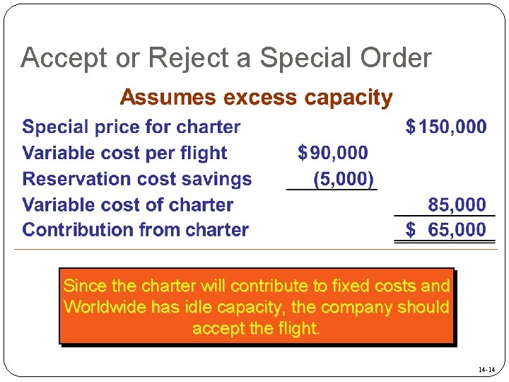 Accept or Reject a Special Order Since the charter will contribute to fixed costs Accept or Reject a Special Order Since the charter will contribute to fixed costs