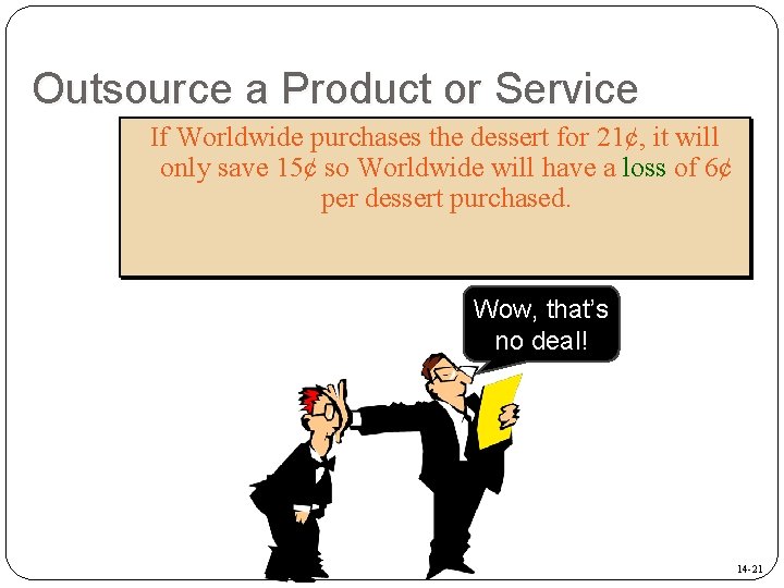 Outsource a Product or Service If Worldwide purchases the dessert for 21¢, it will