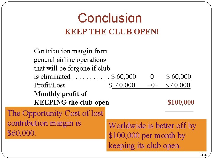 Conclusion KEEP THE CLUB OPEN! Contribution margin from general airline operations that will be Conclusion KEEP THE CLUB OPEN! Contribution margin from general airline operations that will be
