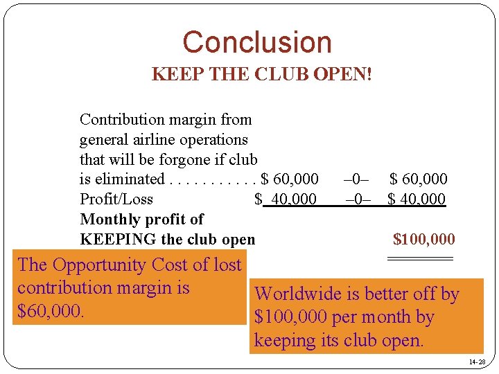 Conclusion KEEP THE CLUB OPEN! Contribution margin from general airline operations that will be