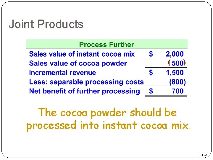Joint Products ( ) The cocoa powder should be processed into instant cocoa mix.