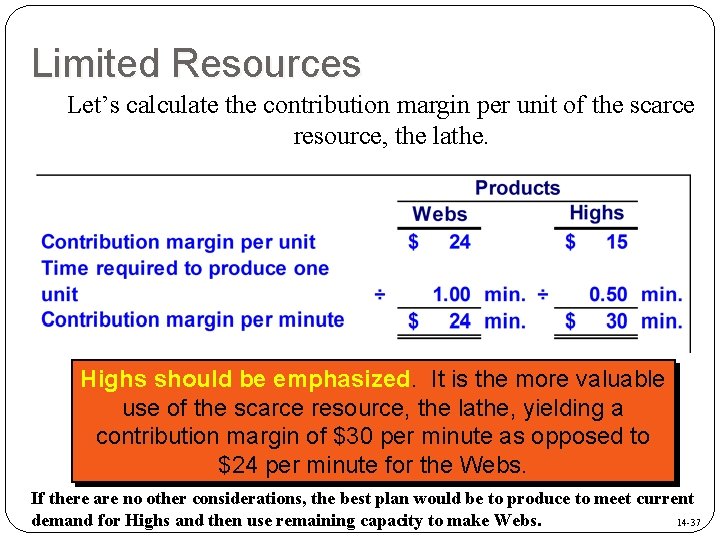 Limited Resources Let’s calculate the contribution margin per unit of the scarce resource, the