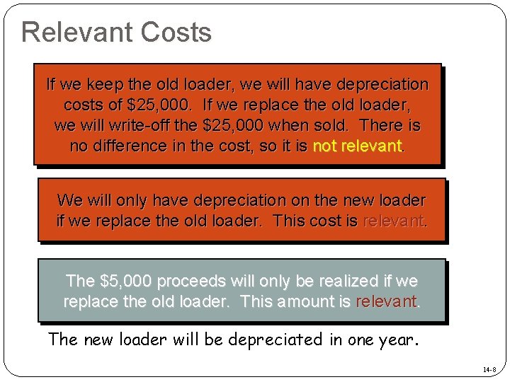 Relevant Costs If we keep the old loader, we will have depreciation costs of