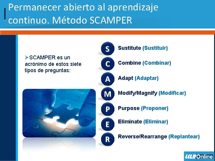 Permanecer abierto al aprendizaje continuo. Método SCAMPER ØSCAMPER es un acrónimo de estos siete