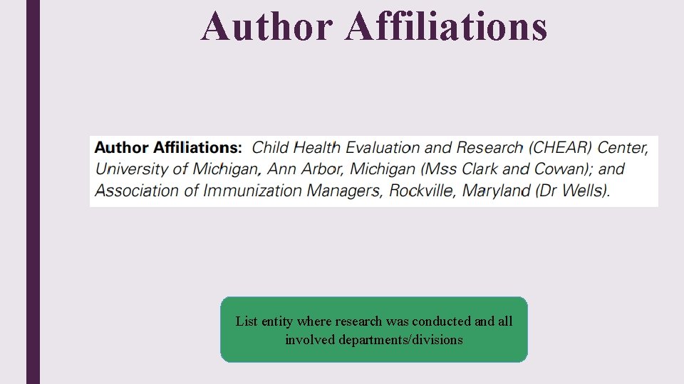 Author Affiliations List entity where research was conducted and all involved departments/divisions Author Affiliations List entity where research was conducted and all involved departments/divisions