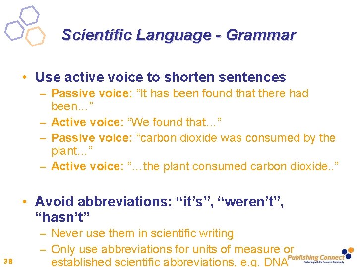 Scientific Language - Grammar • Use active voice to shorten sentences – Passive voice: