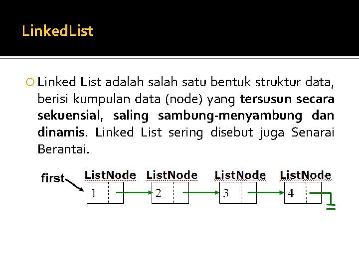 Linked. List Linked List adalah satu bentuk struktur data, berisi kumpulan data (node) yang