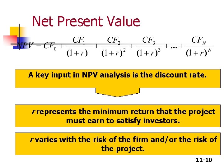 Net Present Value A key input in NPV analysis is the discount rate. r